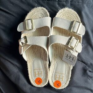 Haute Hippie Beige Linen and Jute Sandals With Gold Buckles NWT 9.5